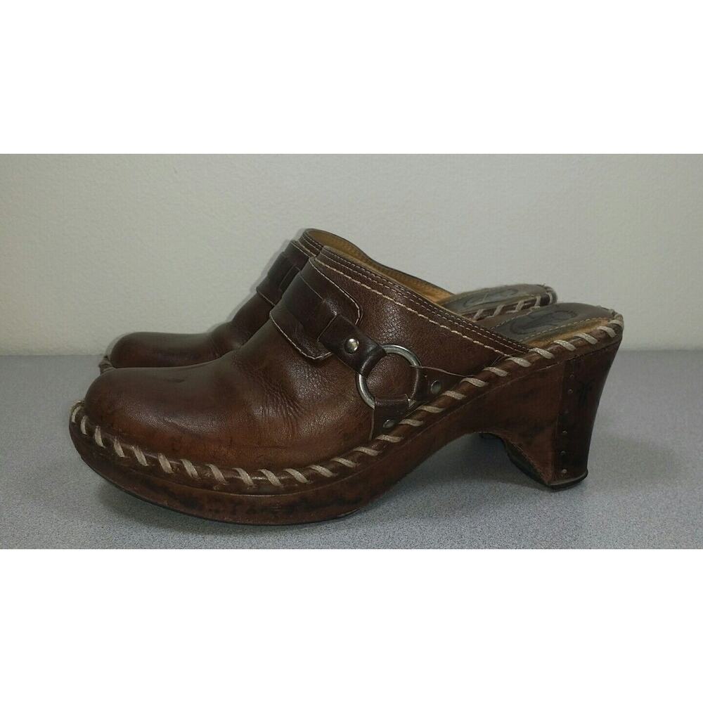 Frye Slip On Harness Buckle Clogs Mules Heels Slides Brown Leather Size 7M